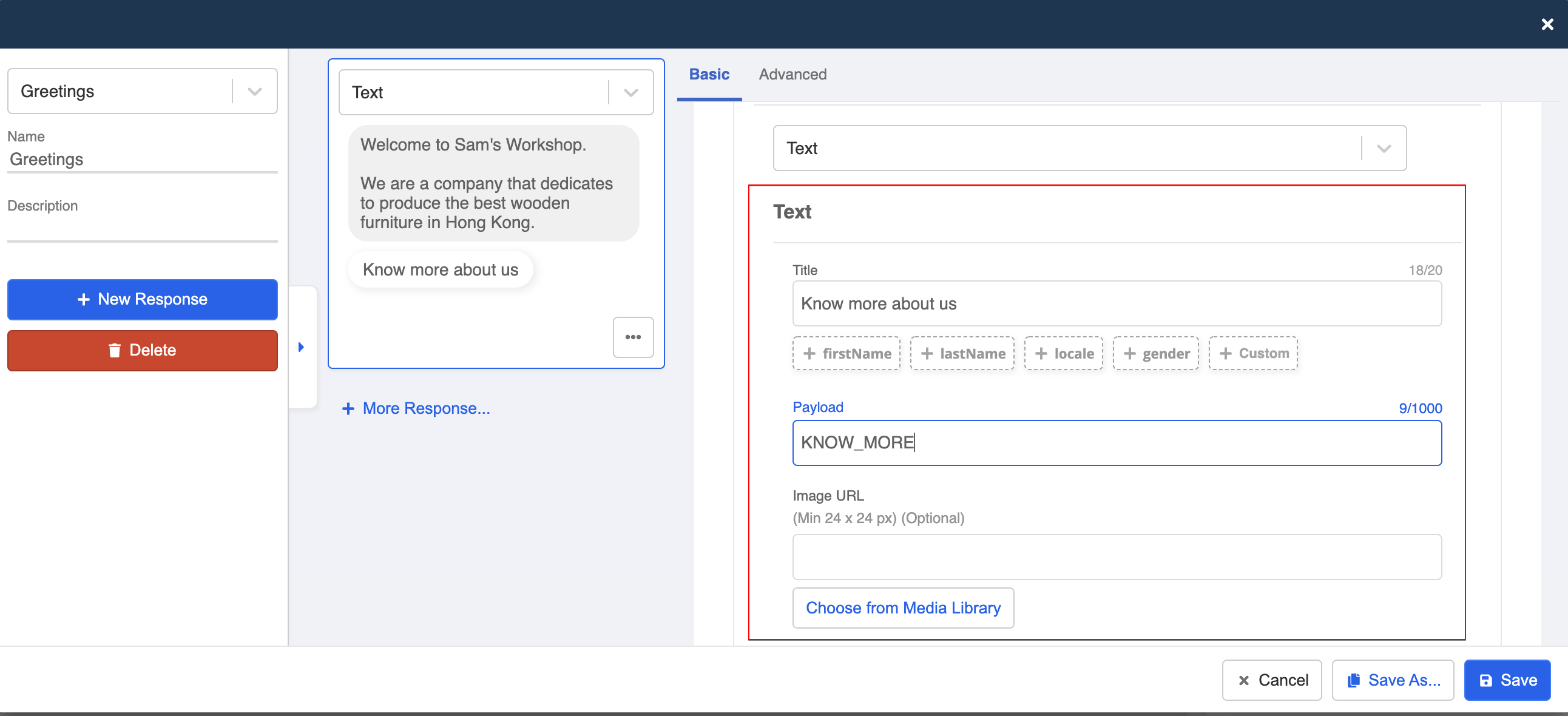Create Quick Reply in Greeting Message